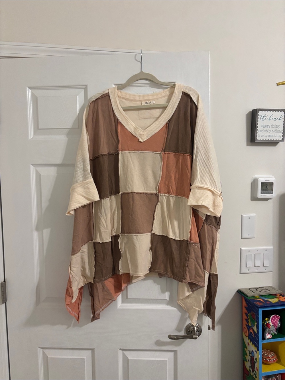 Patchwork V-Neck Tunic Top in Cream, Brown & Rust